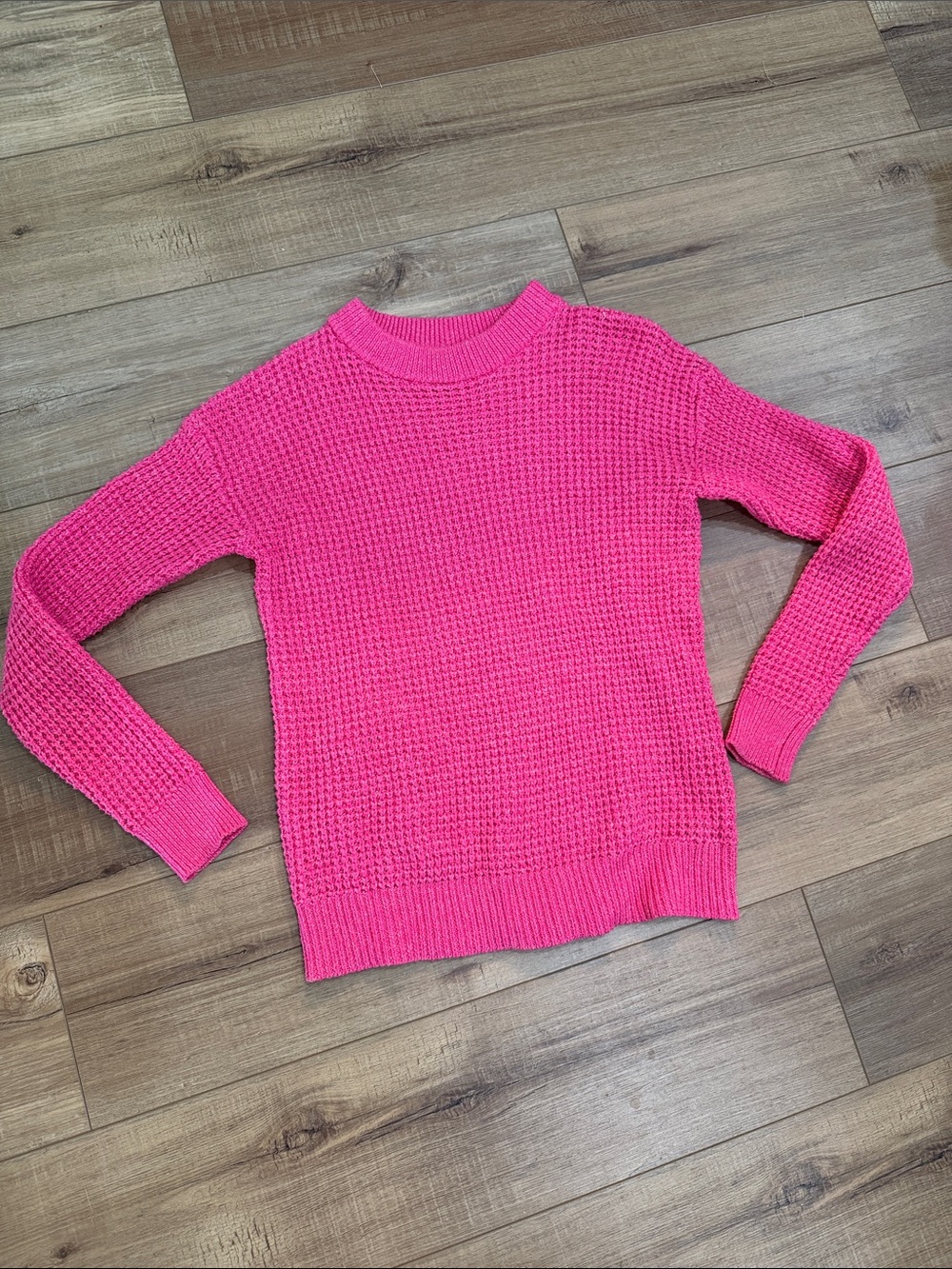 Time and Tru Bright Pink Waffle-Knit Crewneck Sweater